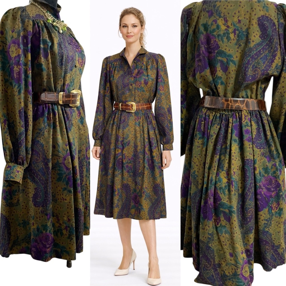 Vintage Susan‎ Howard floral purples,Mustard colors. Long sleeve pleated. SZ 6